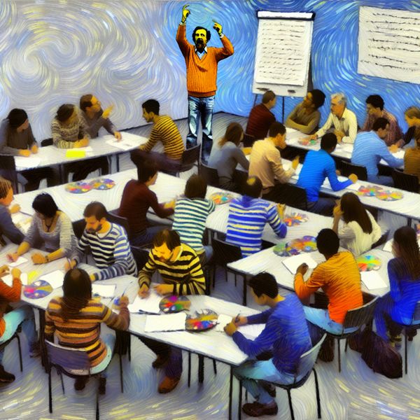 Dynamische Lessen in Volwasseneneducatie: Een Diverse Klasomgeving Een levendige en dynamische klas, met diverse studenten die samenwerken tijdens een volwasseneneducatie cursus in een kleurrijke omgeving.