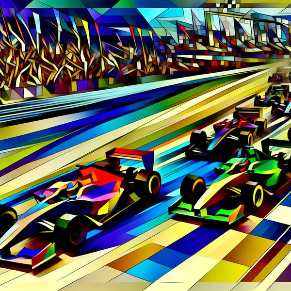 Dynamische race scène met kleurrijke racewagens die op een levendige racebaan strijden om de finishlijn te bereiken