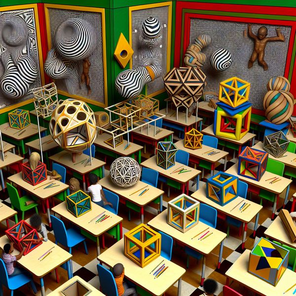Creatieve Klas Kamer met Educatief Speelgoed Een kleurrijke en surrealistische klas gevuld met geometrisch ontworpen speelgoed, met kinderen die spelen met educatieve leermiddelen.