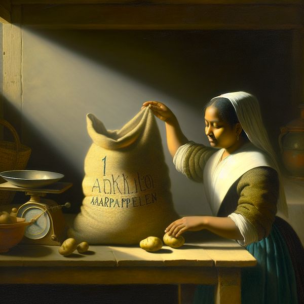 Jonge vrouw in zonnige keuken houdt een burlap zak met '1 kilo aardappelen' terwijl enkele aardappelen op een houten tafel rollen