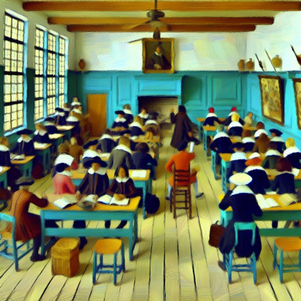 Visuele uitleg een kwart hoeveelheid in historische Nederlandse klas - taal en rekenen leren 17e-eeuwse Nederlandse klas met lege en bezette banken die het concept 'een kwart' visueel weergeven in de levendige stijl van Frans Hals