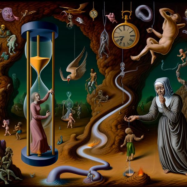Surrealistisch tafereel in de stijl van Jheronimus Bosch met een persoon die een zandloper vasthoudt, omringd door fantastische wezens en symbolen van tijd, ter illustratie van het begrip 'een moment' in taal en cultuur