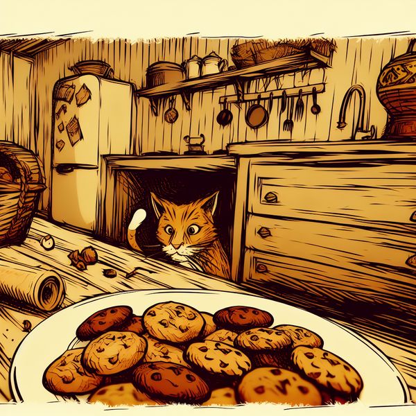 Speelse keukenscène met een paar koekjes op een bord en een nieuwsgierige kat die over het aanrecht gluurt