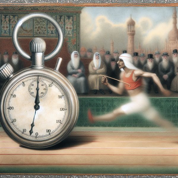 Betekenis van één seconde: tijd meten en afwachten in nostalgische illustratie Vintage stopwatch stilgezet op één seconde met sprinter bij finishlijn in nostalgische Anton Pieck-stijl