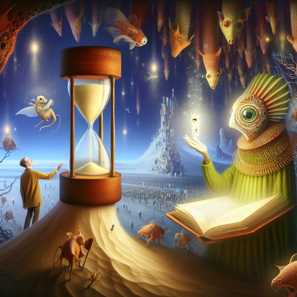 Eenmalig moment symbolisch weergegeven in surrealistische kunst voor taalonderwijs Surrealistisch tafereel van een eenmalig moment met een gloeiend zandloper, boeken en hybride wezens in de stijl van Hieronymus Bosch