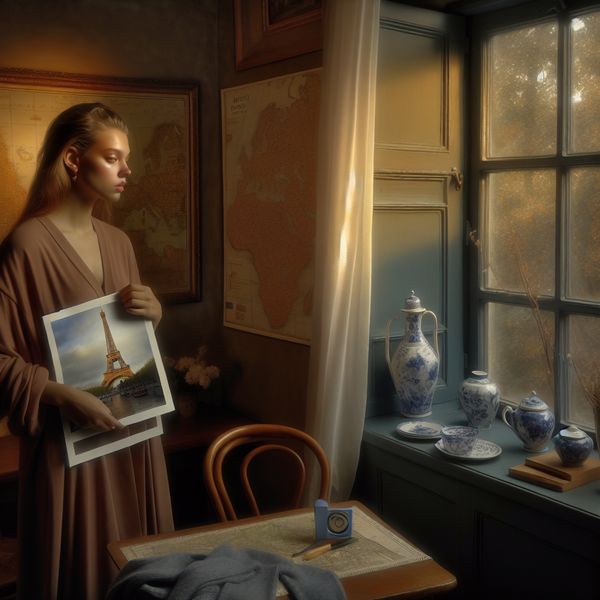 Jonge vrouw kijkt nostalgisch naar een ansichtkaart van de Eiffel Tower bij zacht licht, Vermeer-stijl schilderij