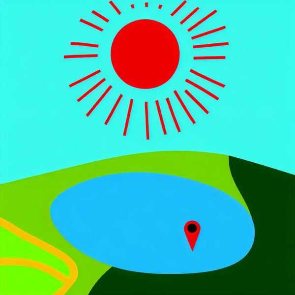 Eenvoudige kaart met rode stip en meren Illustratie van een eenvoudige kaart met een grote rode stip die een specifieke locatie markeert, met een blauwe meer en een groene ruimte eromheen, onder een heldere lucht met een zon.