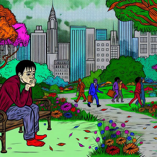 Een cartoonfiguur zit alleen op een parkbank in een drukke stad, omringd door voorbijgangers, met een melancholische uitdrukking.