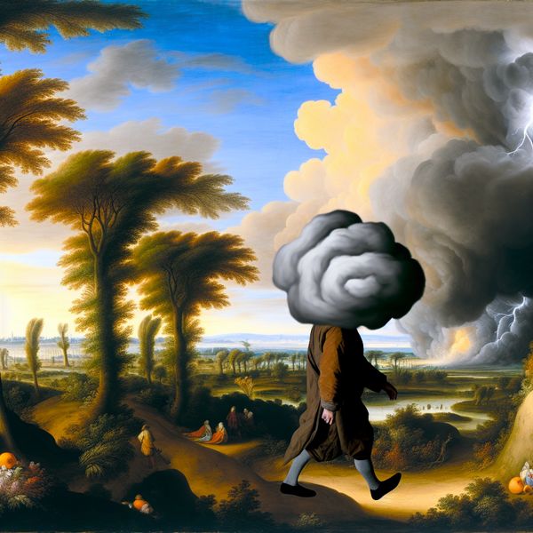 Landschap van Verdriet en Hoop in de Stijl van Jacob van Ruisdael Een eenzame figuur wandelt door een dramatisch landschap, met een schaduwachtige wolk boven hen, wat een gevoel van verlies symboliseert.
