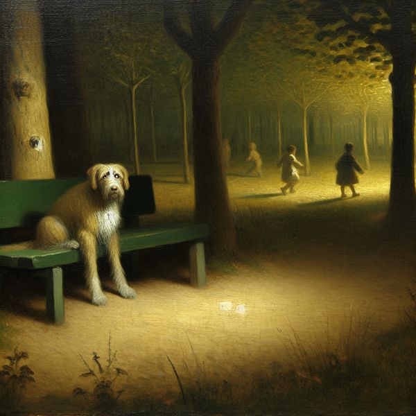 Eenzaamheid en Medelijden van een Hond in het Park Een eenzame hond zit op een bank in een park, kijkt verdrietig naar spelende kinderen.