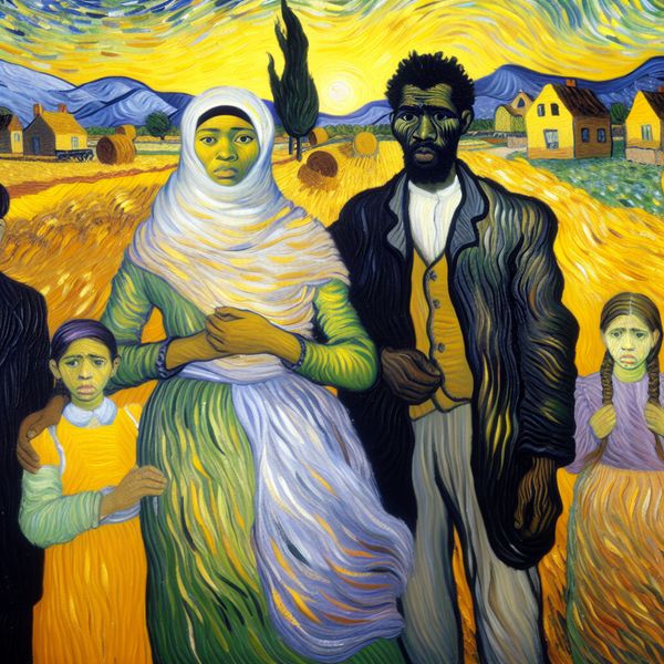 Eer en waardering in familieverband - Van Gogh stijl schilderij met trots en bescherming Trotse vrouw beschermt haar familie in een Van Gogh-achtig dorp, symboliserend eer en waardering in werk en gedrag