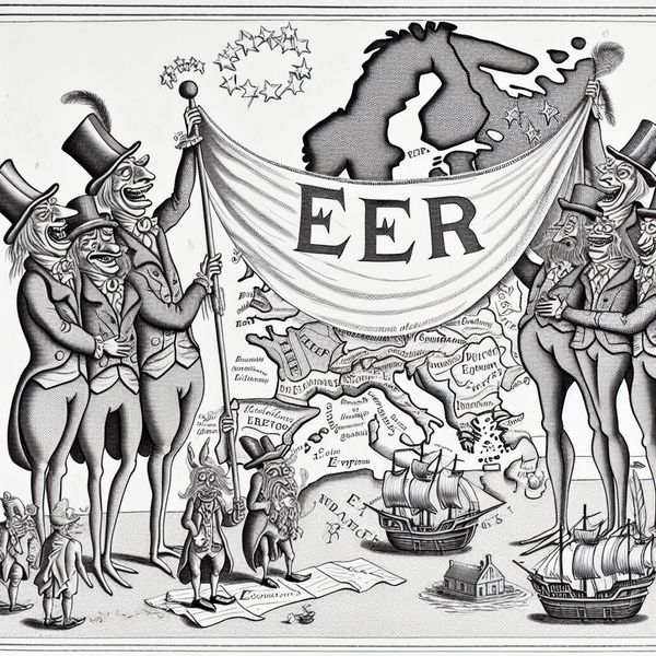 Europese Economische Ruimte EER cartoonkaart met landen als personages Detailed cartoonkaart van Europa met personificaties van EU-landen onder een EER-banner, symboliserend economische samenwerking en handelsakkoorden