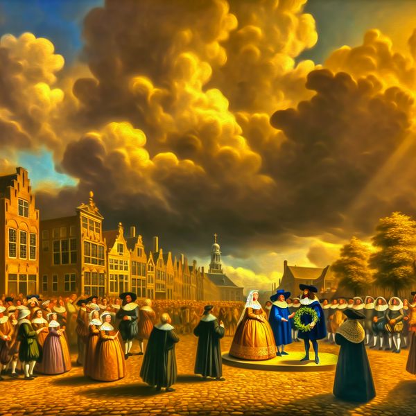 17e-eeuws Nederlands stadsplein met een menigte die een persoon eer bewijst met een lauwerkrans, in de stijl van Jacob van Ruisdael