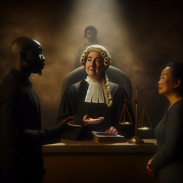 Gerechtszaal scène in Rembrandt-stijl met wijze rechter die een weegschaal vasthoudt, symboliserend eerlijkheid en rechtvaardigheid volgens de regels