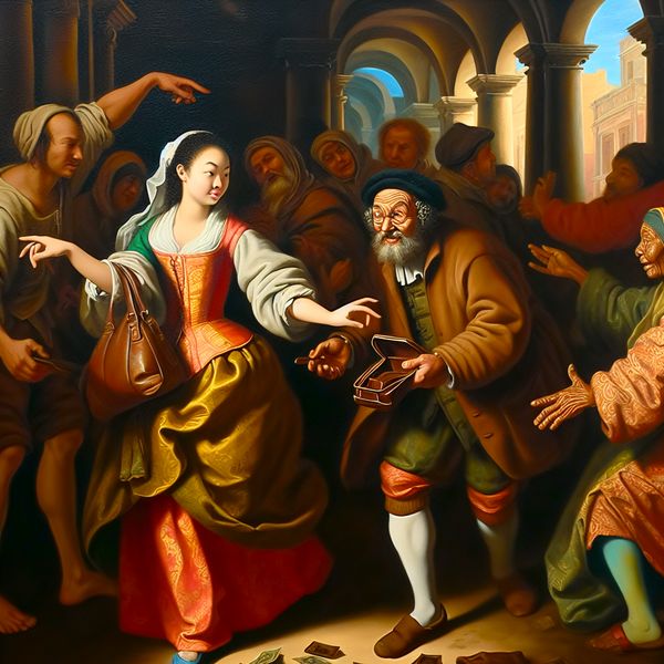 Eerlijkheid in barokstijl: portemonnee teruggeven als morele deugd Barokke scène van een jonge vrouw die een verloren portemonnee teruggeeft aan een oudere man op een levendige markt, als voorbeeld van eerlijkheid