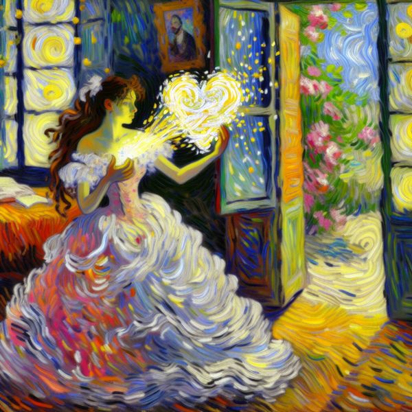 Eerlijke intenties van een vrouw in een zonovergoten kamer Jonge vrouw in een zonnige kamer voor een open raam, omringd door bloeiende bloemen en houdend van een lichtgevend hart.