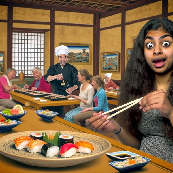 Eerste ervaring met sushi in een Japans restaurant Jong persoon die voor het eerst sushi proeft in een levendig Japans restaurant, met kleurrijke sushi borden en een vriendelijke chef in de achtergrond.