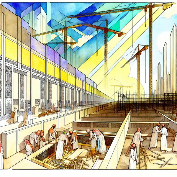 Illustratie van de eerste fase van een bouwproject met een half gebouw, kranen en actieve arbeid