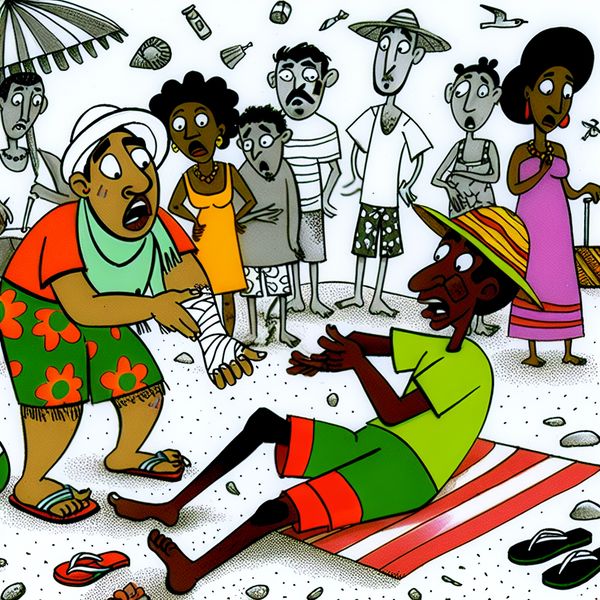 Humoristische cartoon eerste hulp in vakantievoorval Een cartoonbeeld van een vakantiegebeurtenis waarbij eerste hulp wordt verleend aan een vriend met een geschaafde knie op het strand.