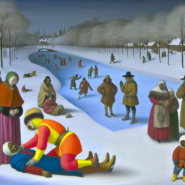 Eerste Hulp Verlenen in een Winterscenario Een winterse scène met een persoon die Eerste Hulp verleent aan een gewonde op een besneeuwd pad, omringd door nieuwsgierige toeschouwers.