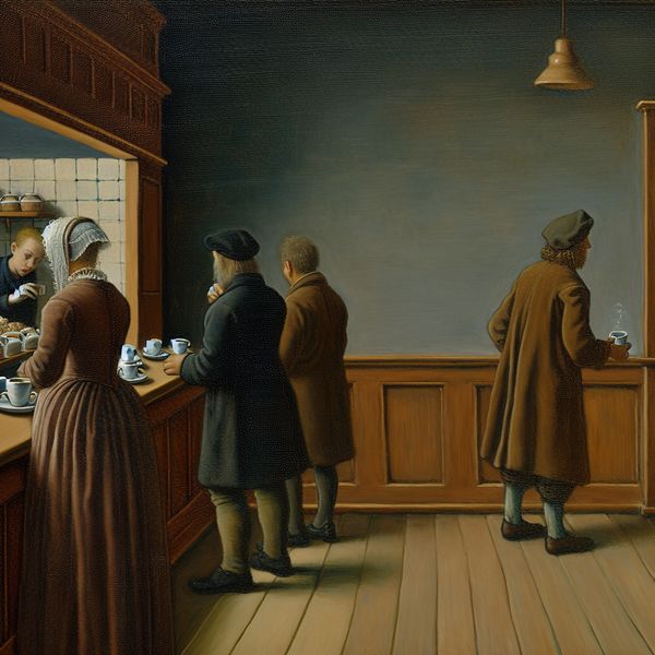 Nummer Eén in de Rij bij Koffiebar Persoon als eerste in de rij bij koffiebar in stijl van Gerard ter Borch