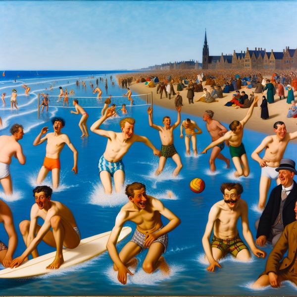 Eerste keer surfen op het strand Een vrolijke scene op een druk strand waar een beginner probeert te surfen, omringd door juichende vrienden en lachende toeschouwers.