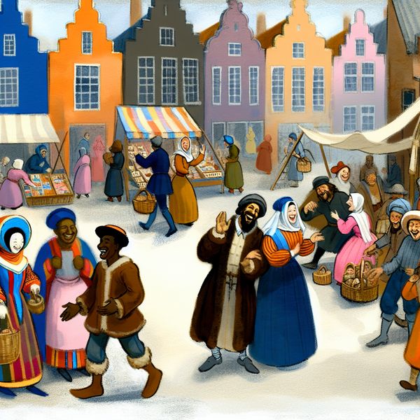 Eerste naar de winkel, dan naar huis - straatscène Een levendige straatscène met een groep mensen die naar een kleurrijke markt gaan, winkelen en naar huis terugkeren.