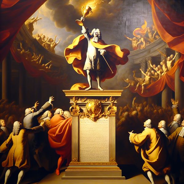 Eerste plaats rangschikking barokschilderij triomf prestatie Triomfantelijke barokscène met een persoon op de eerste plaats van een rangschikking, een gouden trofee vasthoudend boven een lijst met namen