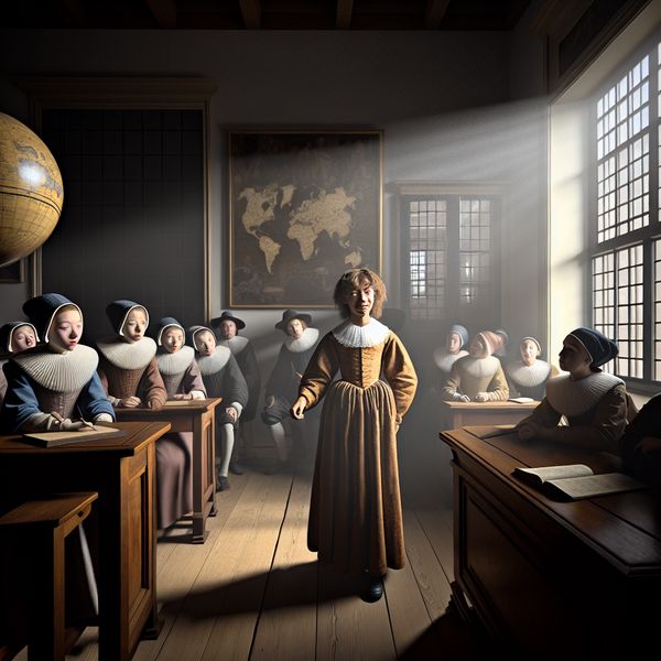 Een jonge student staat confidentieel voor een groep klasgenoten in een zacht verlichte kamer, klaar om een vraag te beantwoorden.