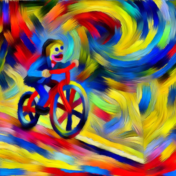 Succesvolle eerste fietspoging zonder zijwieltjes - abstracte taalkunst voor Nederlands leren Abstract schilderij van een kind dat voor het eerst zonder zijwieltjes fietst, stralend van vreugde en succes in de expressieve stijl van Karel Appel