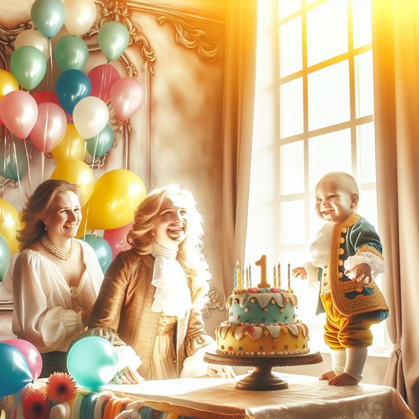 Eerste verjaardag van een kind met gelukkige ouders Gelukkige ouders vieren de eerste verjaardag van hun zoon in een zonovergoten kamer vol ballonnen en decoraties.