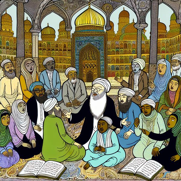 Diverse groep mensen leert over de eerste vier kaliefen van de islam in een sfeervolle moskee met traditionele architectuur