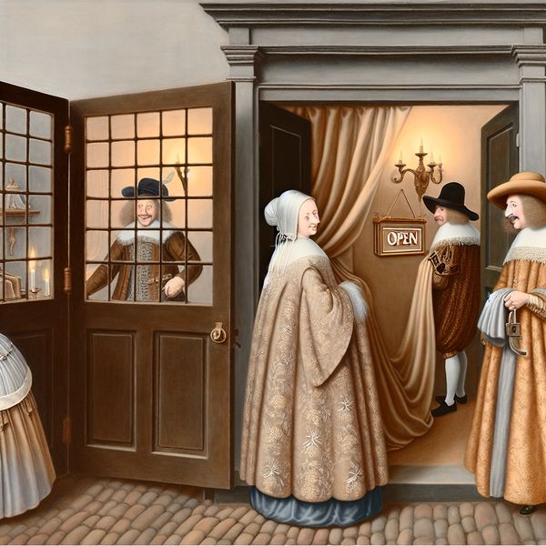 17e-eeuws Hollands winkeltje dat voor het eerst opent, met een glimlachende winkelier en nieuwsgierige klanten in elegante kleding