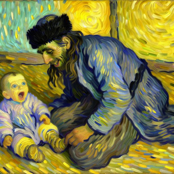 Teder moment van een baby die zijn eerste woordjes zegt, omringd door een warme, Van Gogh-achtige sfeer met zwierige penseelstreken en een vrolijke volwassene die erbij aanwezig is