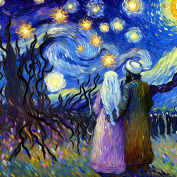 Surrealistisch schilderij van een stel onder een sterrenhemel in Van Gogh-stijl, symboliserend eeuwige liefde en oneindigheid