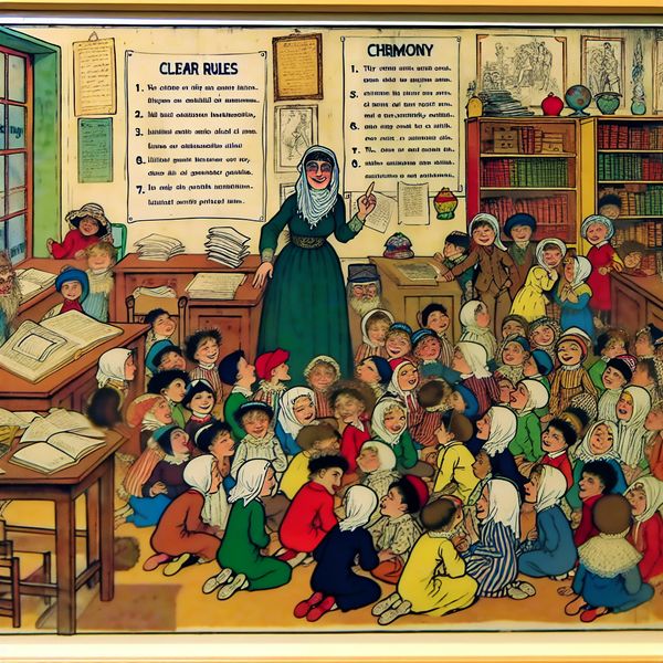 Effect van Strikte Regels in Cartoon Klas Cartoon van goedgedrag in klas door strikte regels