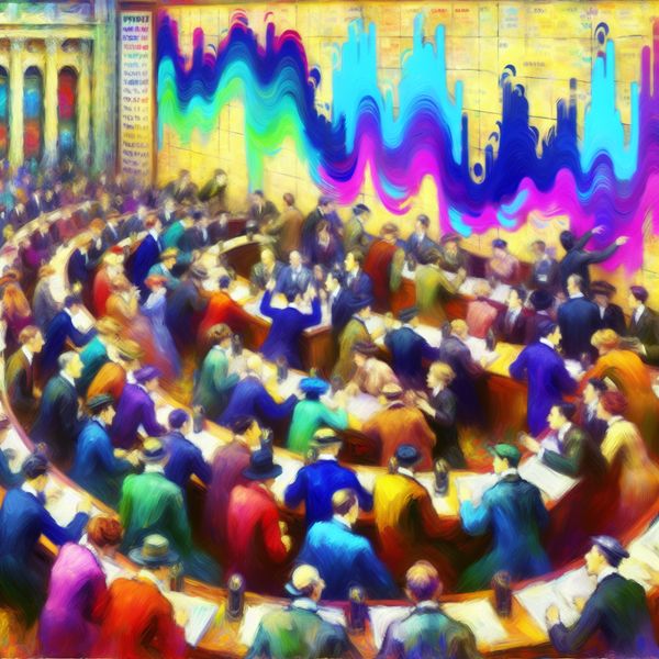 Drukke effectenbeurs met actieve traders die geïnteresseerd zijn in dynamische aandelenkoersen en grafieken.
