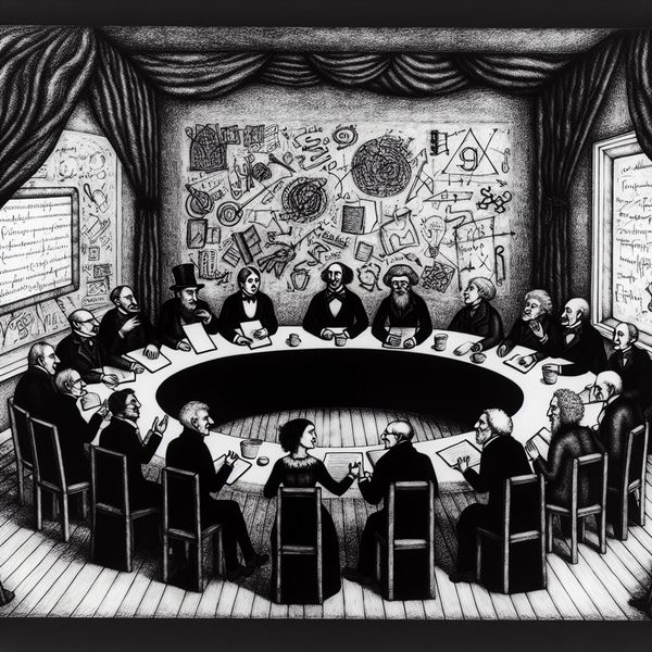 Effectief Overleg aan Ronde Tafel met Gotische Elementen Groep mensen in overleg aan grote ronde tafel, omgeven door gotische elementen en onderhandelinstrumenten, in stijl van Félicien Rops.