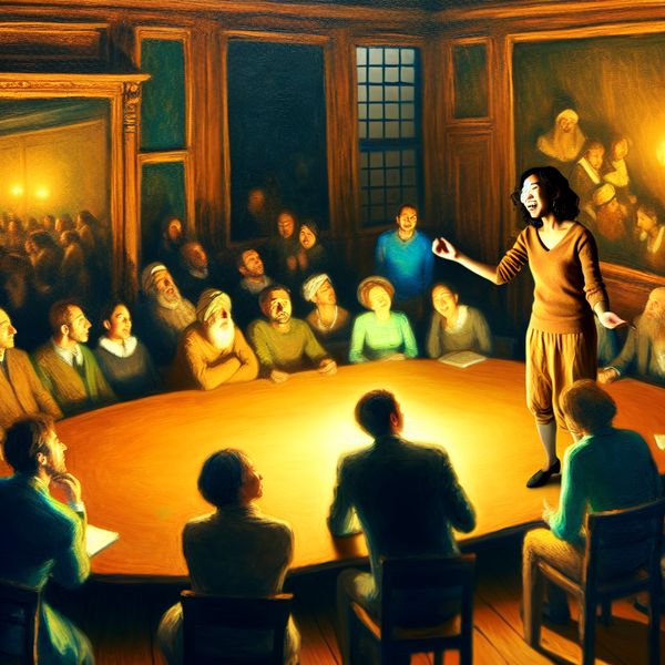 Effectieve Communicatie in Debat: Diverse Groep aan Tafel Groep diverse mensen in een levendige discussie rond een grote houten tafel, met warme verlichting en open lichaamstaal.