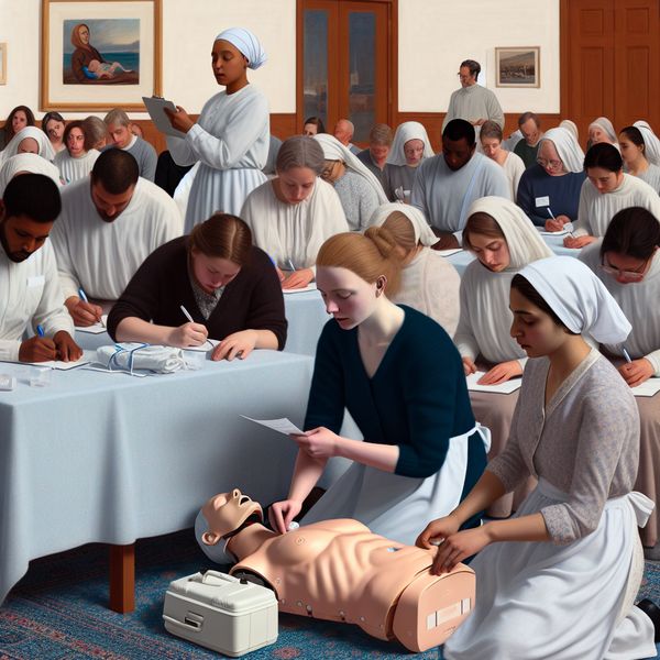Een instructeur demonstreert CPR op een realistich pop in een EHBO cursus met geïnteresseerde studenten.