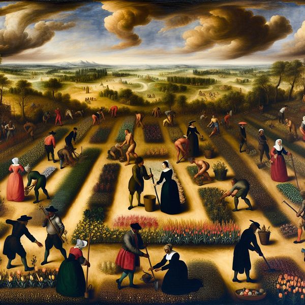 Eigenaarschap en Teamverantwoordelijkheid in de Tuin Dramatisch landschap met een diverse groep individuen die verantwoordelijk werk verrichten in een bloeiende tuin.