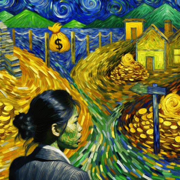 Eigenbelang en persoonlijk voordeel in Van Gogh-stijl schilderij met keuzes Persoon in pak bij kruispunt met symbolen voor persoonlijk gewin zoals goud, huis en prijs, in Van Gogh-stijl geschilderd