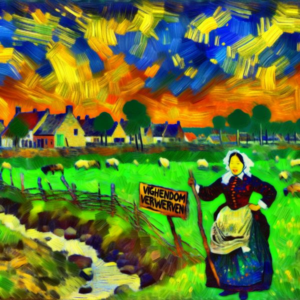 Een boer in traditionele kledij houdt een bord 'Eigendom Verwerven' voor zich, staande voor een mooi en kleurrijk landschap met een klein dorp op de achtergrond.