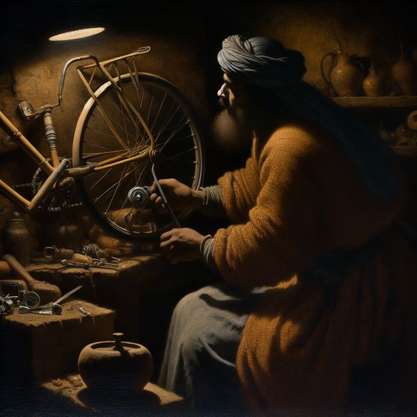 Eigenwerk in actie: fietsreparatie met zelfgemaakte tools in Rembrandt-licht Persoon repareert fiets met zelfgemaakte gereedschappen in een sfeervol verlichte werkplaats in Rembrandt-stijl, eigenwerk benadrukkend