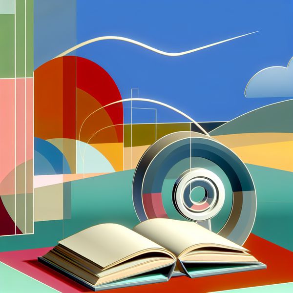 Een open boek met draaiende laatste pagina in een retro-futuristische omgeving met geometrische vormen en pastelkleuren, symboliseert het einde van een verhaal.