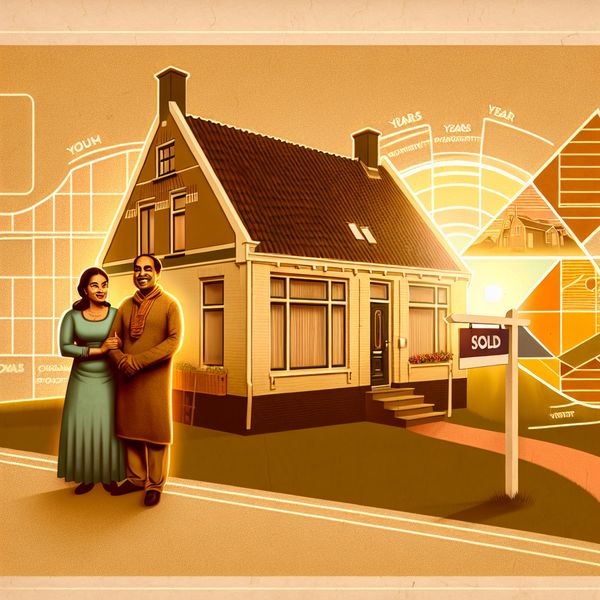 Retro-futuristische illustratie van een gezellig Nederlands huis met een 'VERKOCHT'-bord, een stralend koppel en symbolen van doorzettingsvermogen en succes, die het eindresultaat van een lange reis uitbeelden