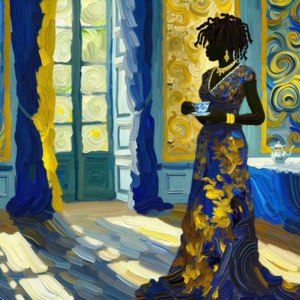 Elegant damesgedrag in historische setting - Van Gogh-geïnspireerde schilderkunst Elegante dame in 19e-eeuwse setting met theekopje, geschilderd in Van Gogh-stijl met levendige kleuren en dynamische penseelstreken