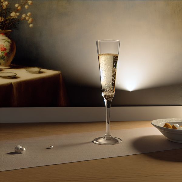 Elegant Glas Champagne met Luchtbellen Een serene keuken tafelsetting met een glas champagne vol luchtbellen in zachte, diffuus licht.
