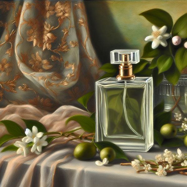 Elegant parfums stilleven met natuurlijke elementen Stilleven van een elegant parfumflesje omringd door natuurlijke elementen zoals bloemen en een zijden sjaal.