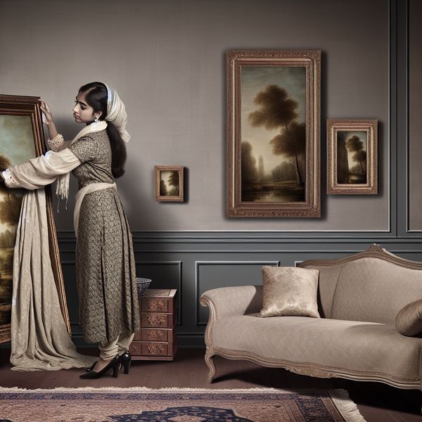 Elegant Schilderij Plaatsing in Woonkamer Een persoon plaatst zorgvuldig een prachtig schilderij op de muur in een elegante woonkamer met zachte kleuren.